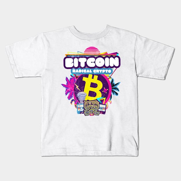 Bitcoin Crypto Radical Currency 80s Purple Pink Retro Funny Kids T-Shirt by MapYourWorld